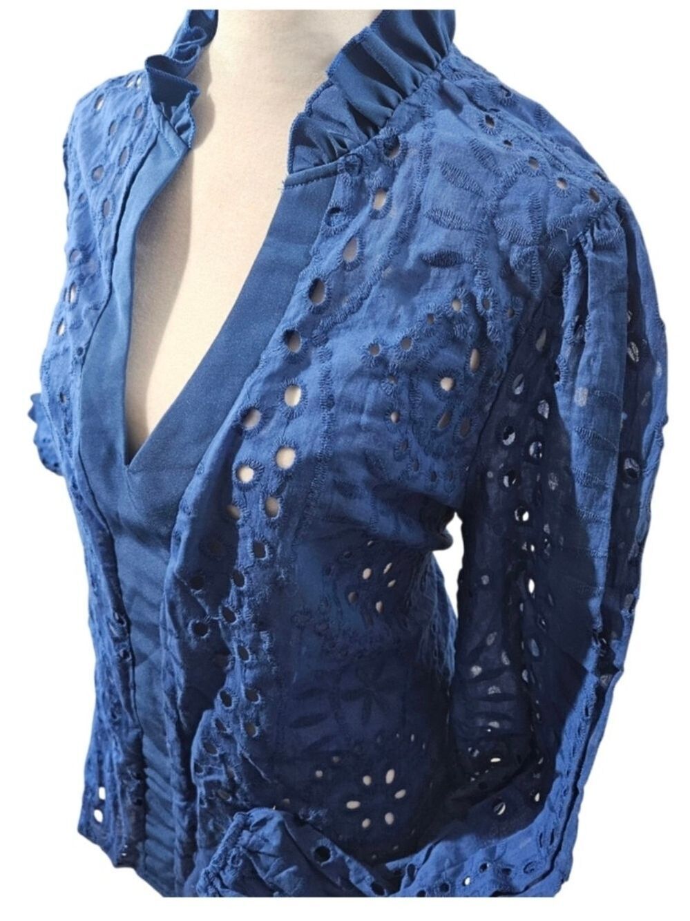 Shein XL Blue Floral Eyelet Embroidery Ruffle Neck Deep V Boho Top Vacation EUC - Picture 7 of 17